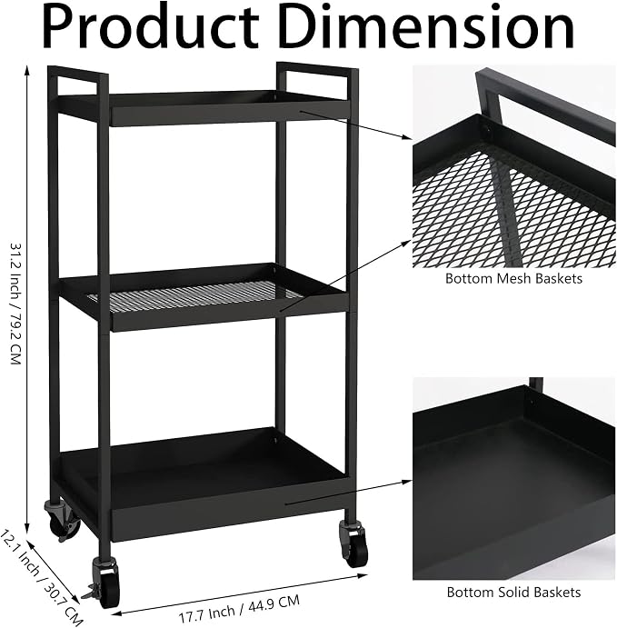 3-Tier Metal Cart with Wheels, Three Tier Rolling Cart, Utility Cart on Wheels - Image 3