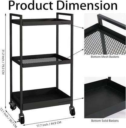 3-Tier Metal Utility Rolling Cart, Heavy Duty Multifunction Rectangular Cart - Image 3