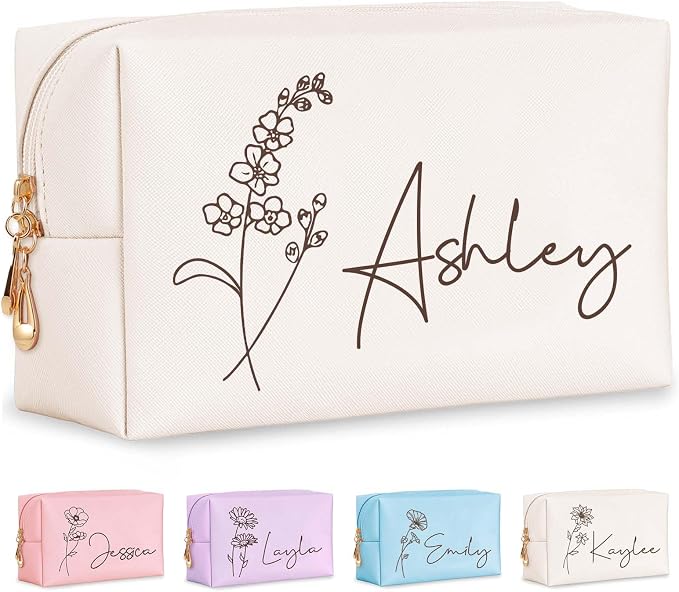 Personalized Makeup Bag with Name & Birth Flower, Custom Leather Cosmetic Bags by Fincekoom