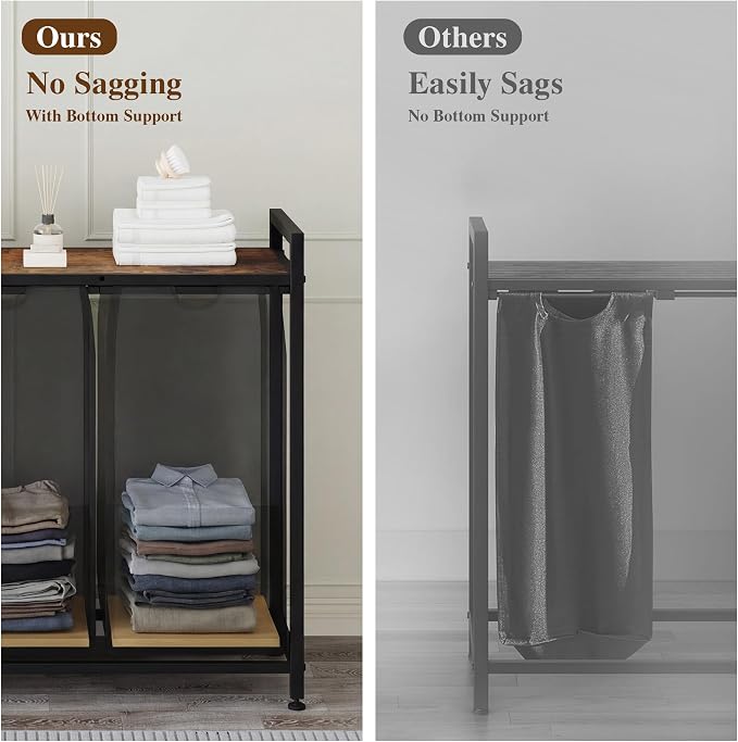 2-Section Laundry Hamper with Shelf, Pull-Out Removable 12.8 gal Bags, Metal - Image 7