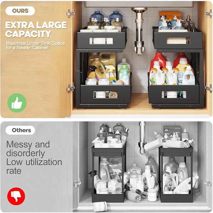 Under Sink Organizer, 2-Tier Dual Pull Out Cabinet Organizer Drawers - Image 4