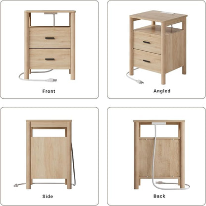 Night Stand with Charging Station, 2 Drawers End Table with Open Shelf - Image 7