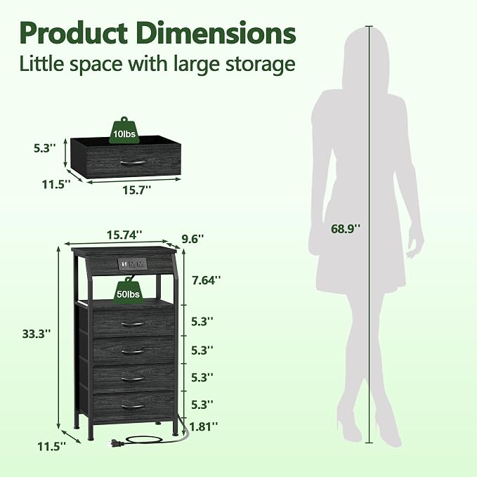 Furnulem Tall Night Stand with Charging Station, 4 Drawers Bedside Table | - Image 3