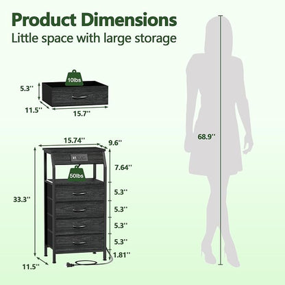 Furnulem Tall Night Stand with Charging Station, 4 Drawers Bedside Table | - Image 3