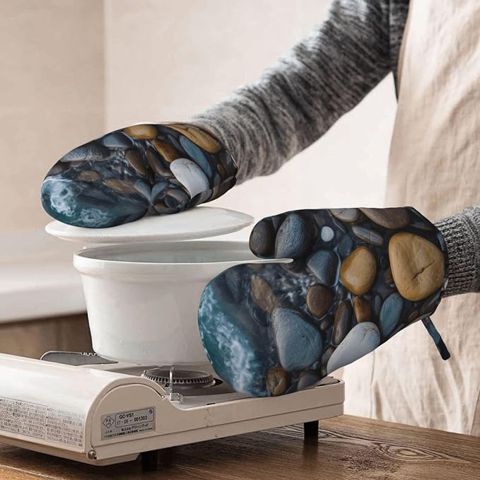 Sea Stones Print Oven Mitts Set of 2, Heat Resistant Silicone Oven Mittens - Image 8
