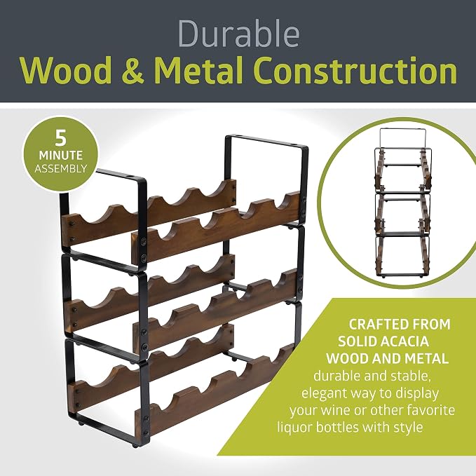 Pearington 12 Bottle Stackable Wine Rack, Rustic 3-Tier Solid Acacia Wood and - Image 5
