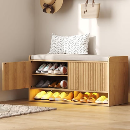 HOMEFORT 39.4" Fluted Shoe Storage Bench, Entryway Bench by HOMEFORT