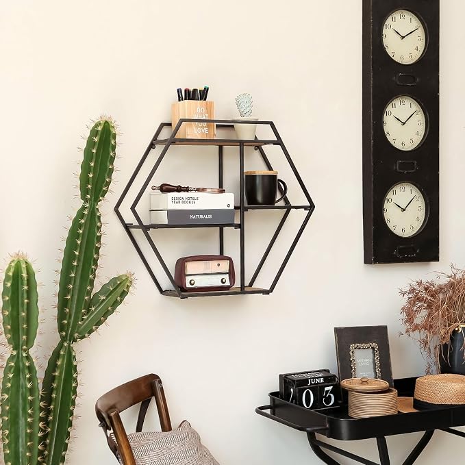 4 Tier Industrial Style Foldable Hexagon-Shaped Wall Shelves | 21" x 24" - Image 8