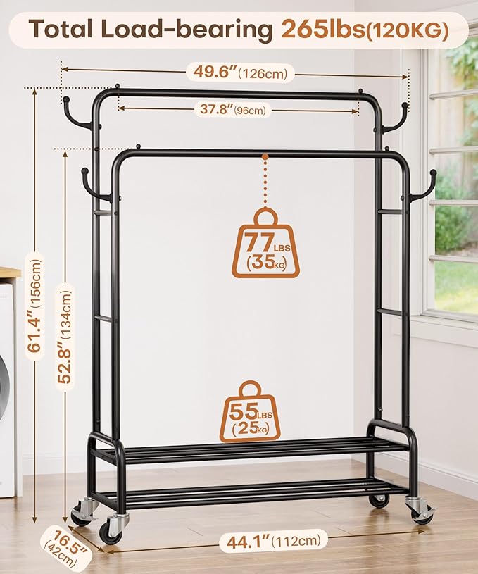 Homde Heavy Duty Clothes Rack: 265lb Rolling Double Rod Garment Hanging - Image 2