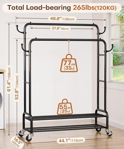 Homde Heavy Duty Clothes Rack: 265lb Rolling Double Rod Garment Hanging - Image 2