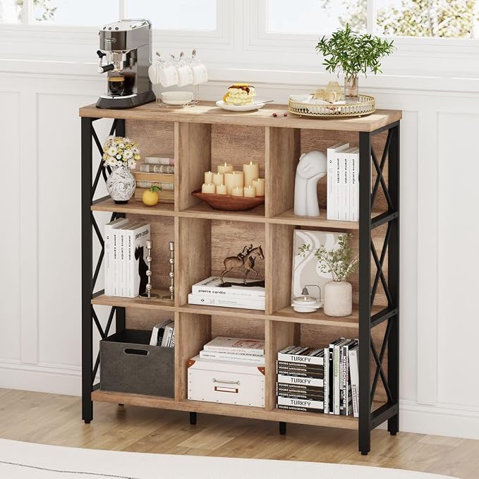 FATORRI 9 Cube Storage Bookshelf, 4 Shelf Book Shelf, Farmhouse Wood and Metal - Image 4