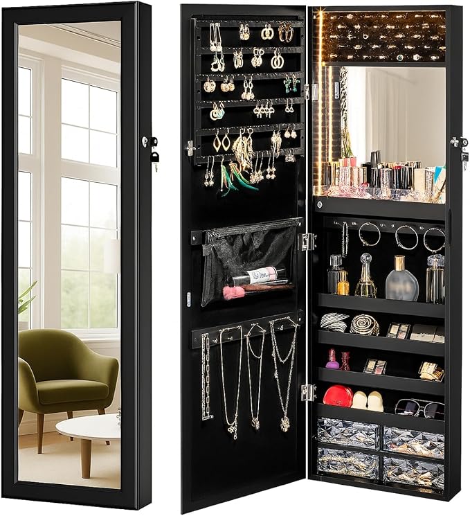 LUXFURNI 79 LED Lights Mirror Jewelry Cabinet, Wall Mounted/Door-Hanging Mirror by LUXFURNI