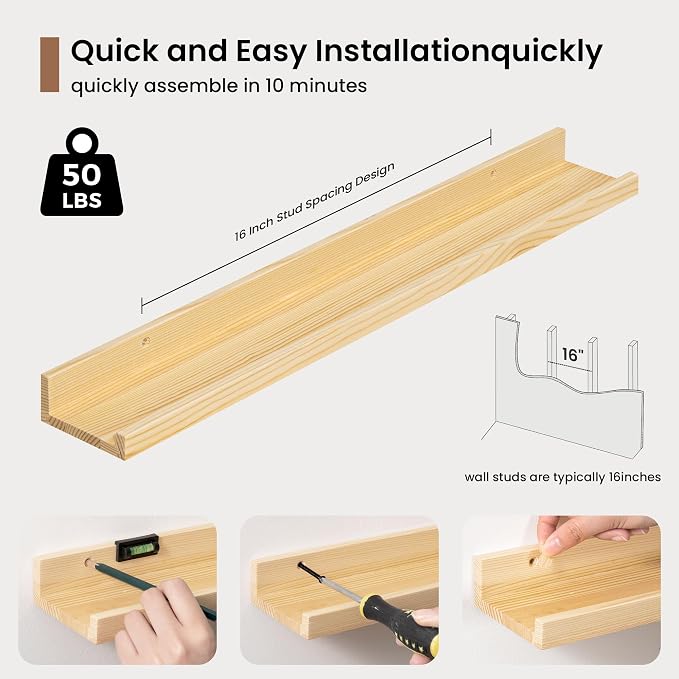 Picture Ledge Shelf, Solid Pine Wood Floating Shelves Set of 2, 24 Inches - Image 5