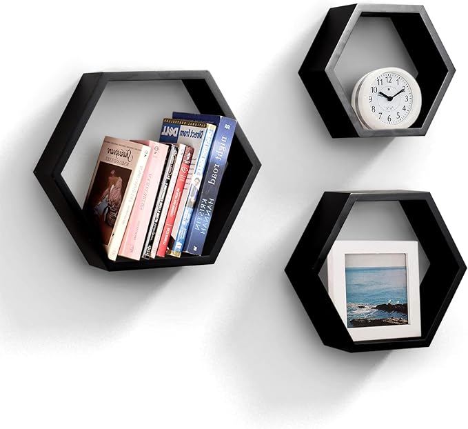 ROSE BLOOM Set of 3 Black Wood Hexagon Shelves by ROSEBLOOM