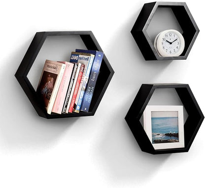 ROSE BLOOM Set of 3 Black Wood Hexagon Shelves by ROSEBLOOM