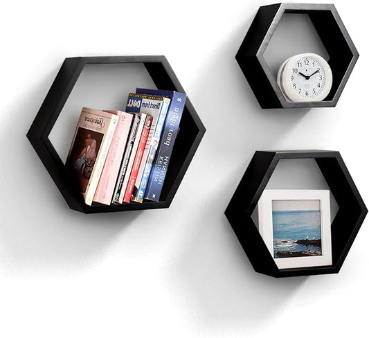 ROSE BLOOM Set of 3 Black Wood Hexagon Shelves by ROSEBLOOM