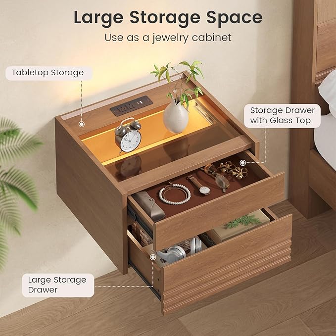Sikaic Floating Nightstand Set of 2 Wall Mounted, Touch Control LED Light & - Image 4