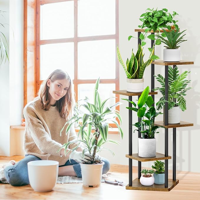 6 Tier Plant Stand Indoor, Thickened Metal Wood Corner Plant Shelf Stands - Image 6