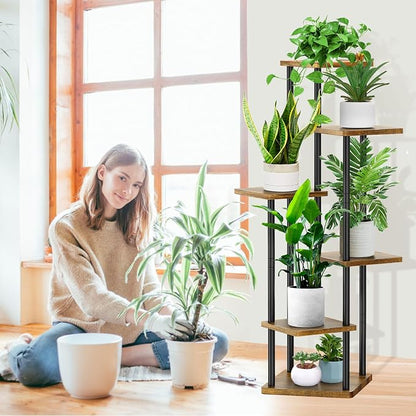 6 Tier Plant Stand Indoor, Thickened Metal Wood Corner Plant Shelf Stands - Image 6