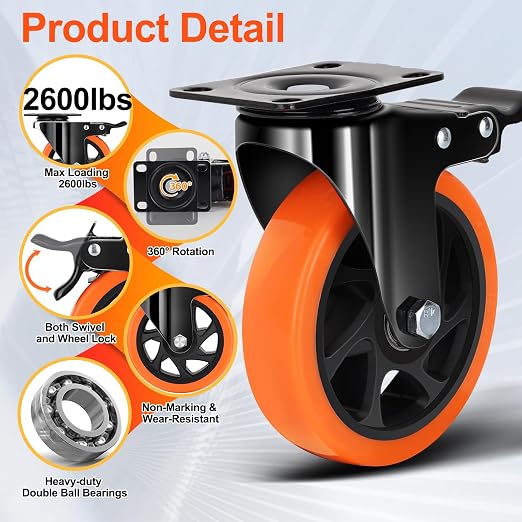 QNCZ Caster Wheels, 5 Inch Heavy Duty Casters Set of 4, Silent Industrial - Image 5