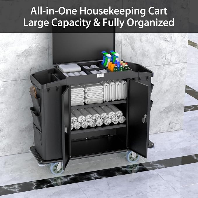 Heavy Duty Metal Housekeeping Janitorial Cart, Silent Casters, Locking Large - Image 4
