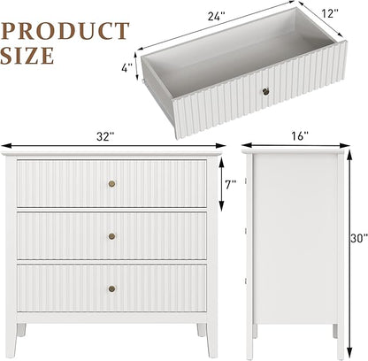 RoyalCraft White Fluted 3 Drawer Dresser, 32 inch Wide Dresser Nightstand - Image 2