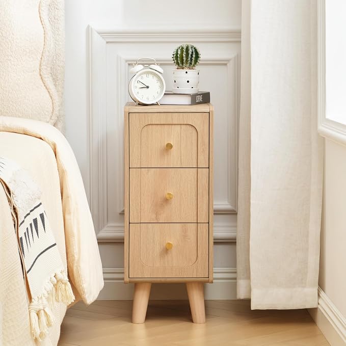 Narrow Nightstands with 3 Drawers, Wooden Farmhouse Bedside Tables, Slim End by MAHYIZYI-SimpleFashionable