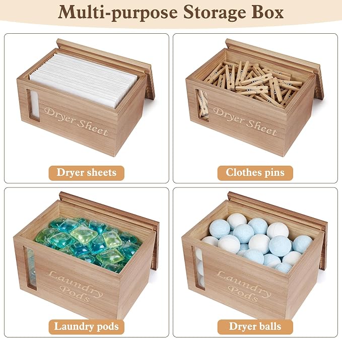 2 Pcs Wood Laundry Pods Container & Dryer Sheet Holder, Solid Pine Laundry - Image 4