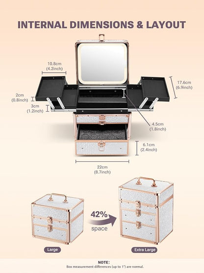 Qislee Makeup Box with Drawer and Four Trays, A Detachable Lighted Mirror - Image 5