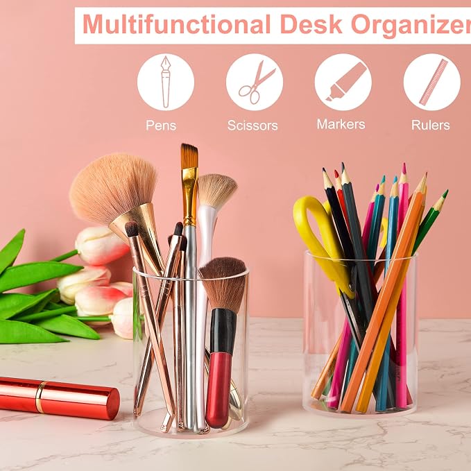 2 Pieces Clear Acrylic Pen Holder Round & Pencil Cup Clear Makeup Bush Holder - Image 4