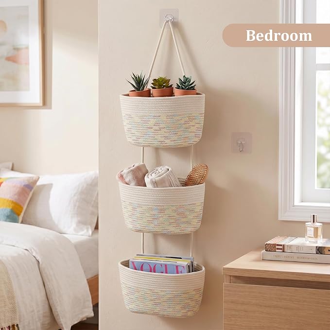 TeoKJ Over the Door Hanging Basket, 3-Tier Woven Cotton Wall-Mounted Storage - Image 8