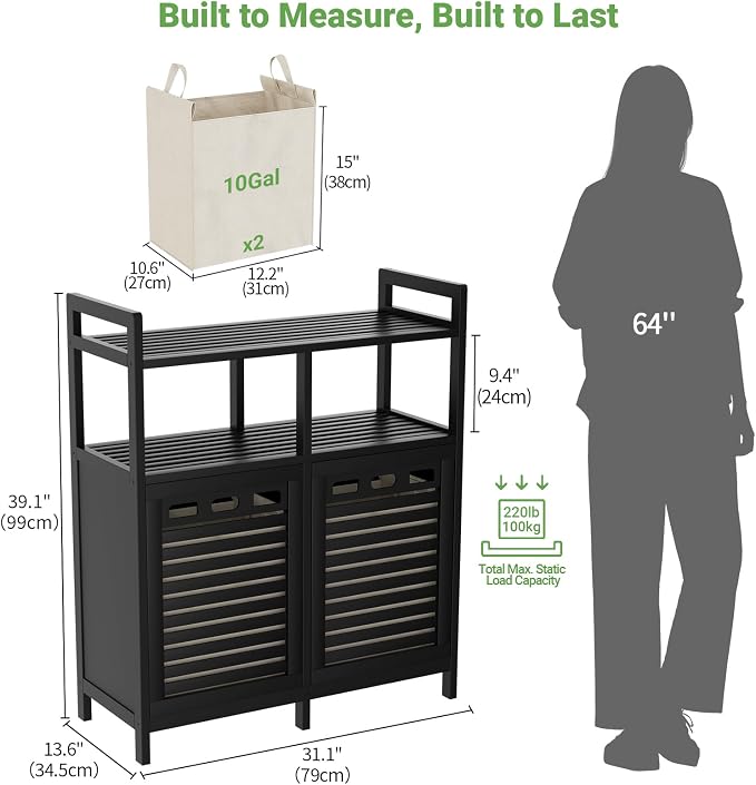 Homykic Tilt Out Laundry Hamper Cabinet, Bamboo Double Laundry Hamper - Image 7