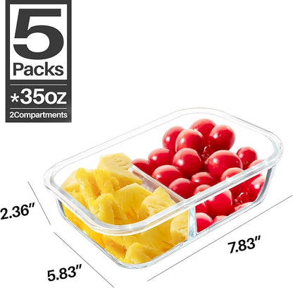 BAYZZ 5 Pack 35 Oz Glass Meal Prep Containers 2 Compartments, Glass Storage - Image 6
