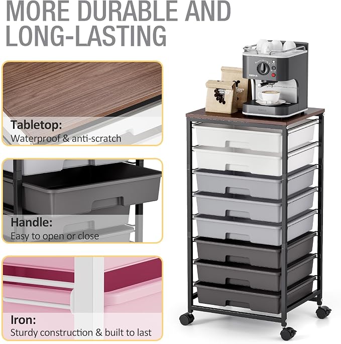 Rolling Storage Cart with 8 Drawers, Utility Cart on Wheels with Wooden Tabletop - Image 5