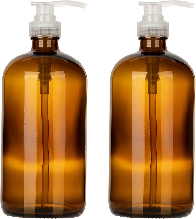 32 Ounce Large Amber Glass Boston Round Bottles w/Natural Color Pumps. Great by KITCHENTOOLZ