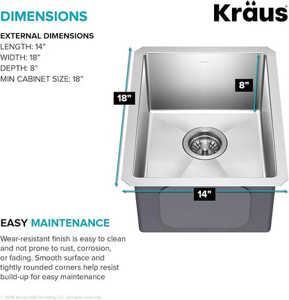 KRAUS Standart Pro 14 -inch Undermount Single Bowl 16 Gauge Stainless Steel Bar - Image 6