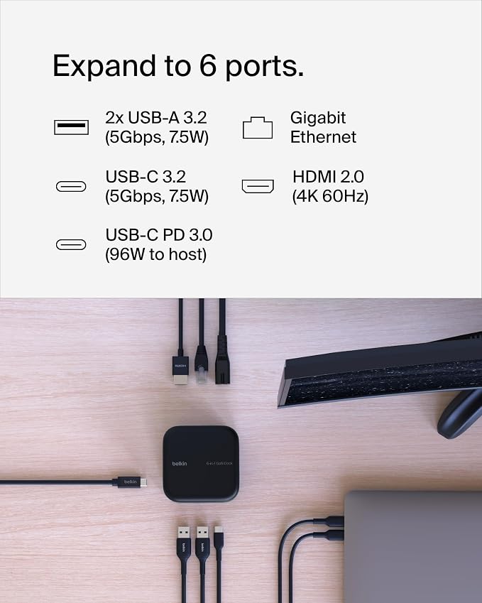 Belkin Connect USB-C 6-in-1 Core GaN Dock 130W, Gigabit Ethernet, & HDMI 4K - Image 2