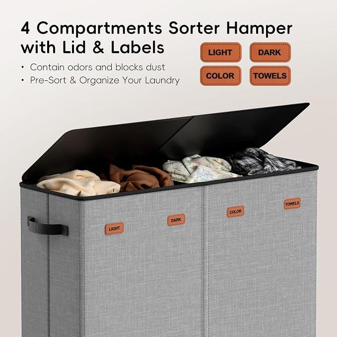 Laundry Hamper 4-Section with Lid, 185L Laundry Sorter with 4 Removable Bags + - Image 4