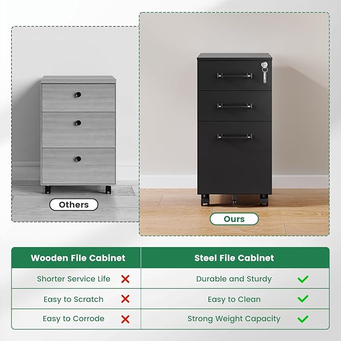 3 Drawer Slim File Cabinet, Mobile Filing Cabinet - Image 8