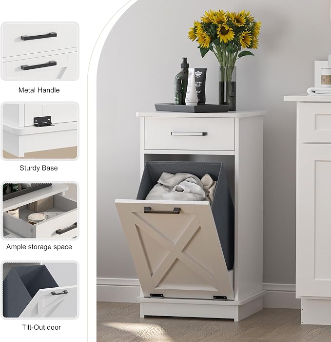 White Tilt Out Laundry Hamper Cabinet Hidden Laundry Hamper - Image 3