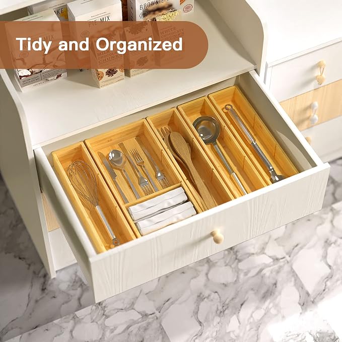 DUJEN 5 pieces Bamboo Drawer Organizer, Adjustable 3 Individual Junk Drawer - Image 6