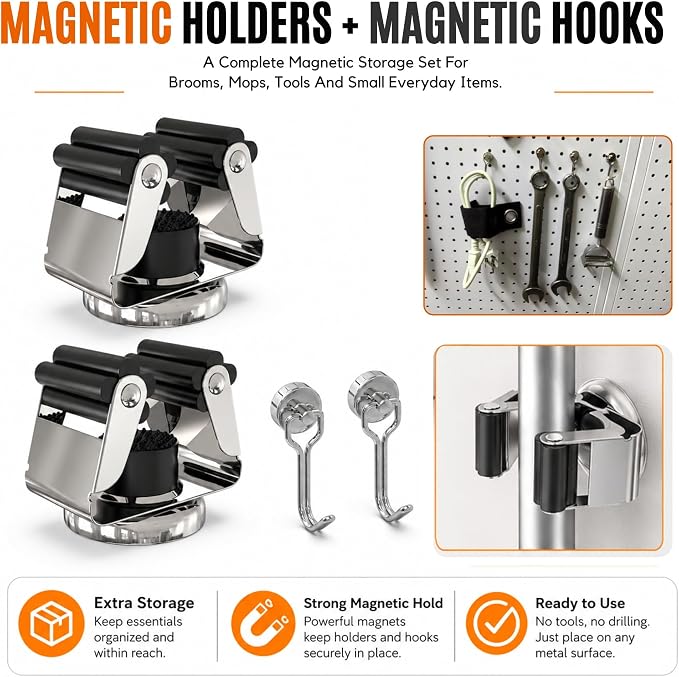 3-H Magnetic Broom Holder 4pcs, Stainless Steel No Drill Mop Holder Wall Mount - Image 6