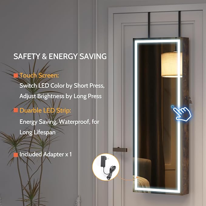 LVSOMT LED Mirror Jewelry Cabinet, Wall/Door Mount Jewelry Armoire Organizer - Image 8