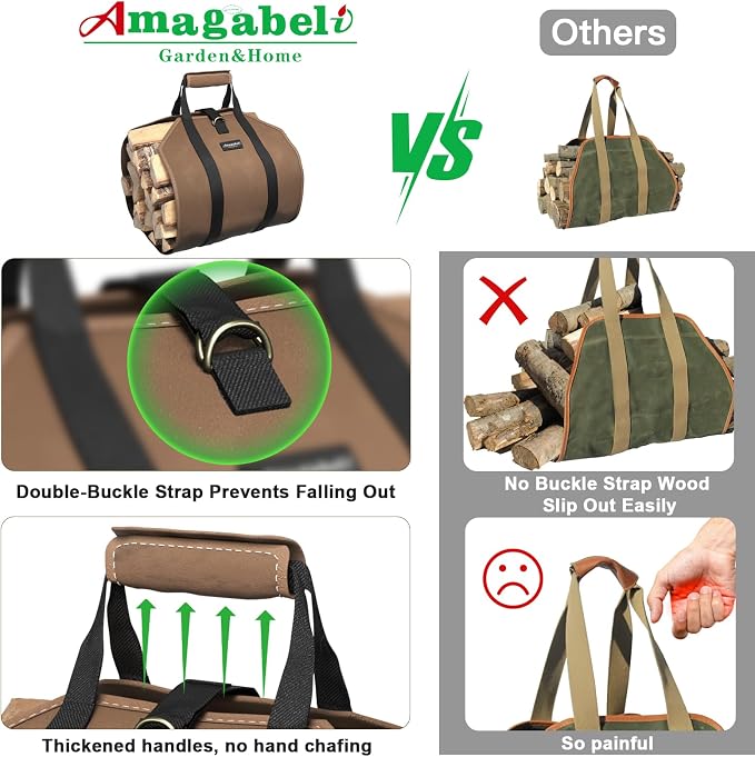 AMAGABELI GARDEN & HOME Firewood Carrier Waxed Canvas Firewood Bag Heavy Duty - Image 6