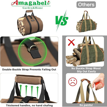 AMAGABELI GARDEN & HOME Firewood Carrier Waxed Canvas Firewood Bag Heavy Duty - Image 6