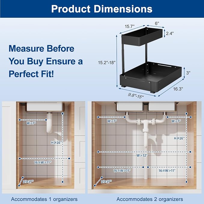 Insputer 2 Pack Under Sink Organizer, 2 Tier Under Cabinet Storage Expandable - Image 5