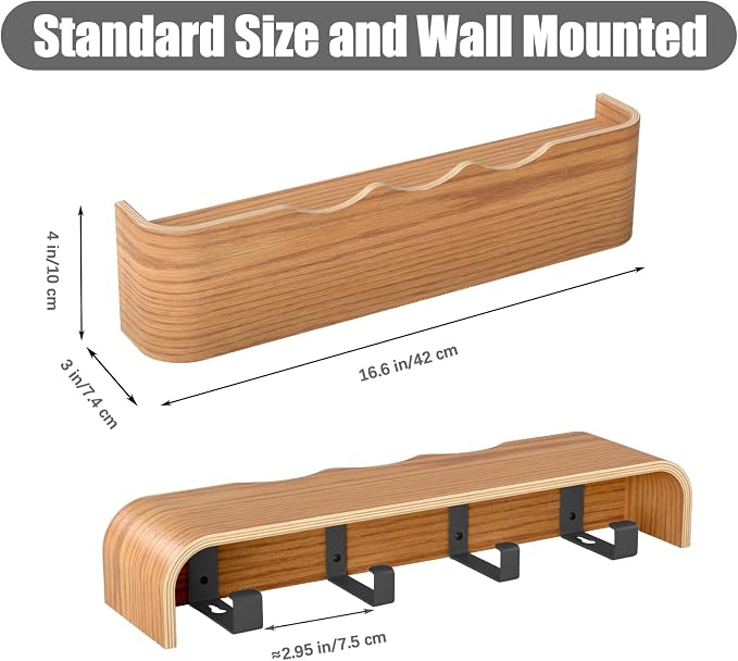 Coat Rack Wall Mount with Shelf 4 Hidden Hooks Modern Wooden Key Holder - Image 3