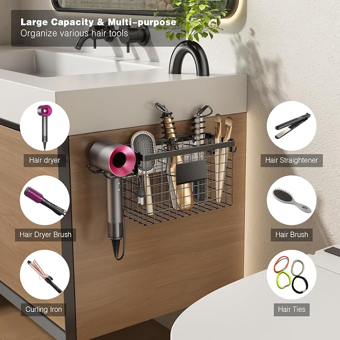 Voldra Hair Dryer Holder Cabinet Door, Adhesive Hair Tool Organizer Wall Mount - Image 2