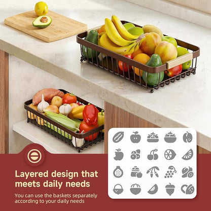 2-Tier Fruit Basket with Banana Hangers, Detachable Metal Bowl - Image 4