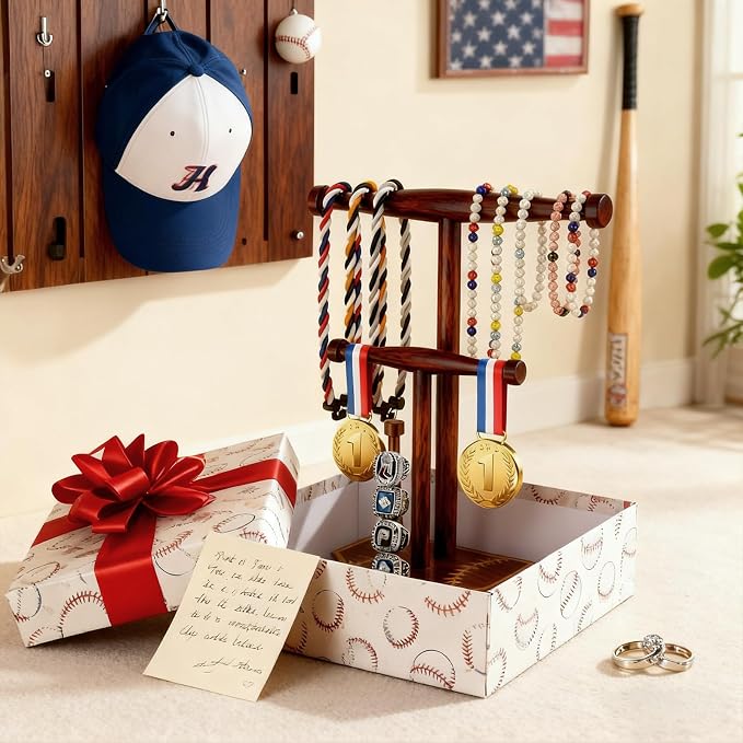 Wooden Baseball & Softball Drip Necklace Holder, Championship Ring Display Stand - Image 8